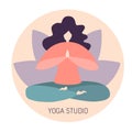 Vector minimalist illustration of a meditating woman in the yoga Lotus pose.