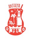 Antalya, Turkey. Travel illustration with symbols: Clock tower, Hadrian`s gate, tulips, palms, beach, seagulls.