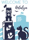 Welcome to Antalya. Travel to Turkey concept. Vertical vector illustration with silhouette of the Clock Tower, fortress. Royalty Free Stock Photo