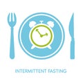 Intermittent Fasting. Vector illustration of a plate with a fork, a knife, a clock and place for your text.