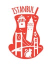 Istanbul, Turkey. Travel illustration of famous turkish symbols: Galata tower, Bosphorus bridge, retro tram, cat, tulip, seagull.