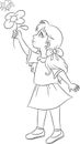 Black and white, contour kawaii drawing of a girl showing a flower to a bee for children`s coloring book or coloring game