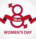 March 8 International Women`s Day greeting card with red ribbon