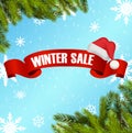 Winter sale background with red ribbon and santa hat banner