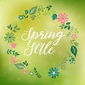 Spring sale background with a beautiful flower wreath