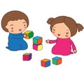 Children play cubes on the floor.