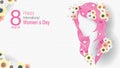 Greeting Card of INTERNATIONAL WOMEN S DAY. Silhouette of woman head with long pink hair with hearts inserted between the hair