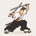 Samurai standing ready to fight with swords cartoon graphic