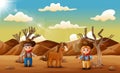 Cartoon cowboy and cowgirl with a horse in the desert Royalty Free Stock Photo