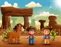 Cartoon cowboy and cowgirl with a horse in the desert Royalty Free Stock Photo