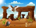 Cartoon eagle bird, turkey and snake living in the desert