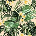 Floral seamless tropical pattern background with exotic plumeria flowers, palm leaves, jungle leaf. Royalty Free Stock Photo