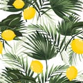 Palm tropic leaves and yellow lemons. Seamless beach wallpaper pattern