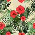Summer colorful Hawaiian seamless pattern with tropical plants, palms leaves and red hibiscus flowers.