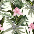 Amazing tropical orchid flowers pattern. Seamless design with botanical elements, palm leaves.