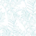 Floral seamless pattern, blue line split-leaf Zamioculcas plant