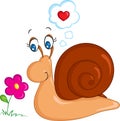 Color kawaii drawing of a little snail looking at a flower,for children`s book or Valentine`s Day card