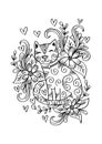Doodle of cat sitting in the flowers. Royalty Free Stock Photo