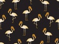 Seamless pattern of golden flamingo on black background