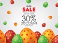 White Easter Sale Poster or Flyer with Colorful Eggs. Advertising Campaign in Retail, Sale Promo Marketing, Ad Offer on Shoppi Royalty Free Stock Photo