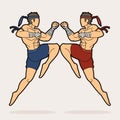 Muay Thai action , Thai boxing jumping to attack Cartoon graphic Royalty Free Stock Photo