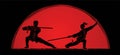 Man and woman pose with swords ready to fight Kung Fu cartoon graphic