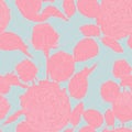 Vintage seamless pattern with pink line garden roses on blue backdrop. Royalty Free Stock Photo