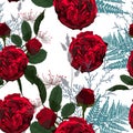 Illustration of red flowers, berries and herbs. Seamless pattern of roses and fern on white background. Royalty Free Stock Photo