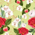 Flower seamless pattern with hand drawn wild flora red peonies bud and white lilies. Royalty Free Stock Photo