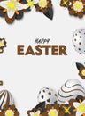 Happy Easter Poster with 3D White Eggs, Black and Chocolate 3D Papercraft Flowers and Leafs. Spring Event Vector Illustration Plac