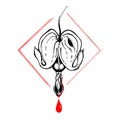 Bleeding broken heart flower with drop of blood. Vector illustration. Good for stickers, tattoo design, prints on t-shirts, fabric