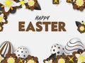 Happy Easter Card with 3D White Eggs, Black and Chocolate 3D Papercraft Flowers and Leafs. Spring Event Vector Illustration Place