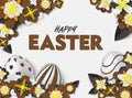 Happy Easter Card with 3D White Eggs, Black and Chocolate 3D Papercraft Flowers and Leafs. Spring Event Vector Illustration Place