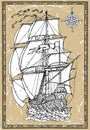 Old sailing ship under full sails with compass on texture background Royalty Free Stock Photo