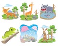 Vector animal set, Fox, giraffe, hippo, chameleon, jellyfish, kangaroo,