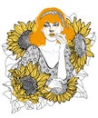 golden-haired girl among sunflowers