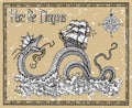 Scary dragon and ship with compass, sea waves and title Here Be Dragons