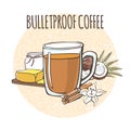 Bulletproof coffee. Vector illustration of a buttered caffeine keto drink and its ingredients: coconut oil and butter. Royalty Free Stock Photo