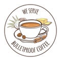 We serve bulletproof coffee. Vector label illustration of a buttered caffeine keto drink and its ingredients: coconut oil and butt