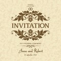Wedding invitation with ornate frame on seamless decor pattern. Greeting postcard, wedding background in vintage style. Royalty Free Stock Photo