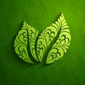 Decorative ornate green leaf icon logo on pattern background. Vector illustration. Eco natural design.