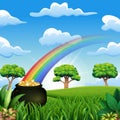 Saint Patrick`s Day pot of gold and rainbow on the nature Royalty Free Stock Photo