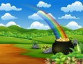 Saint Patrick`s Day pot of gold and rainbow on the nature Royalty Free Stock Photo