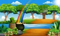St Patrick`s day nature landscape with a pot of gold and rainbow Royalty Free Stock Photo