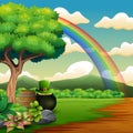 Saint Patrick`s Day pot of gold and rainbow on the beautiful landscape Royalty Free Stock Photo
