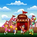 Cartoon trainer, clown with a cheerleaders on the circus entrance