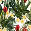 Tropical lilies bud, plumeria flowers seamless pattern with bright green leaves on white background.