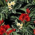 Seamless pattern, red lilies, plumeria flowers and tropical plants, palm leaves, monstera. Royalty Free Stock Photo