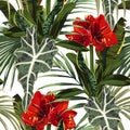 Tropical red lilies flowers seamless pattern with bright green leaves on white background.