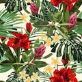 Tropical lilies, plumeria flowers seamless pattern with bright green leaves on light yellow background.